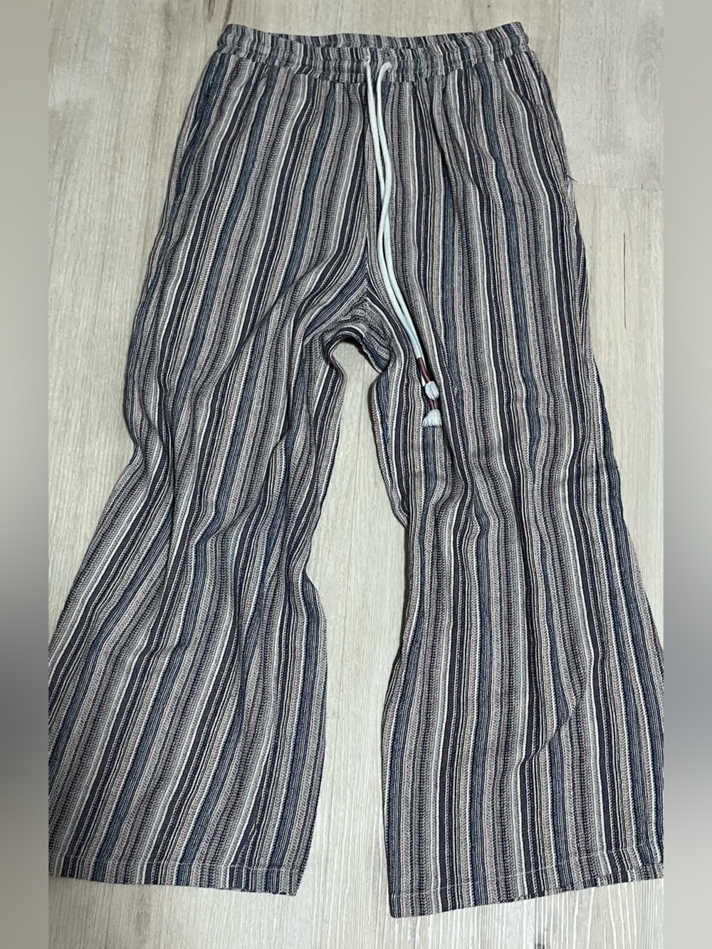 Mystree Wide Leg Striped Boho Loungewear Pants - Gray & Cream